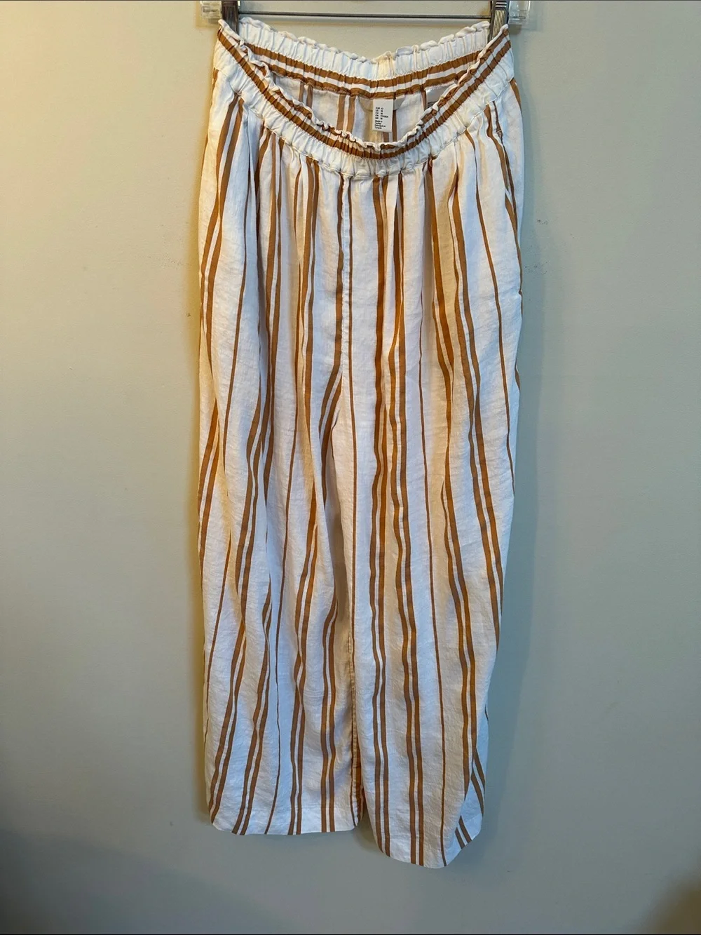 H&M Linen Blend Wide Leg Pants – Cream w/Brown Stripes, Paperbag Waist, Size 10